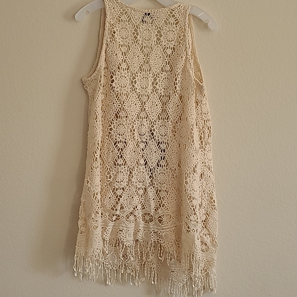 Back In The Saddle Cream Crochet Sleeveless Open Front Cardigan Top Size L - Picture 4 of 5